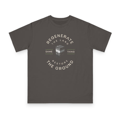 Restore the Ground design on grey organic cotton t-shirt by Emogine — GOTS-certified regenerative agriculture apparel