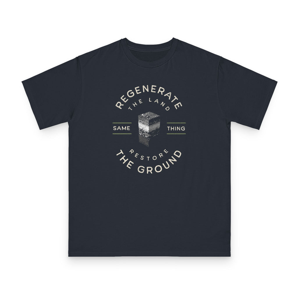 Restore the Ground design on navy organic cotton t-shirt by Emogine — GOTS-certified regenerative agriculture apparel