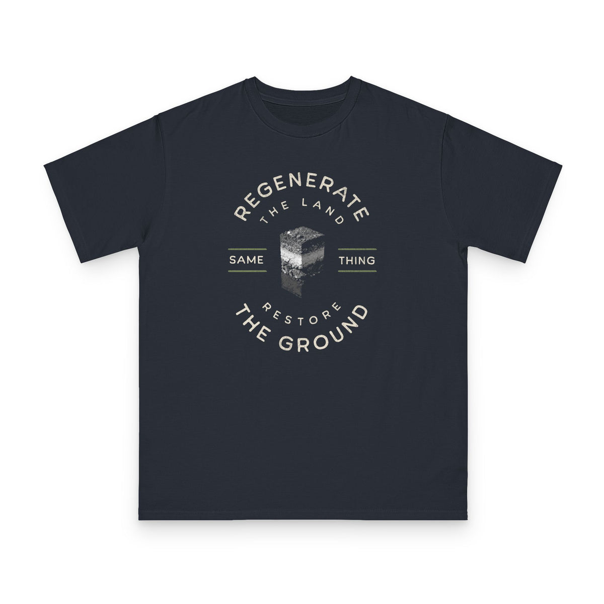 Restore the Ground design on navy organic cotton t-shirt by Emogine — GOTS-certified regenerative agriculture apparel