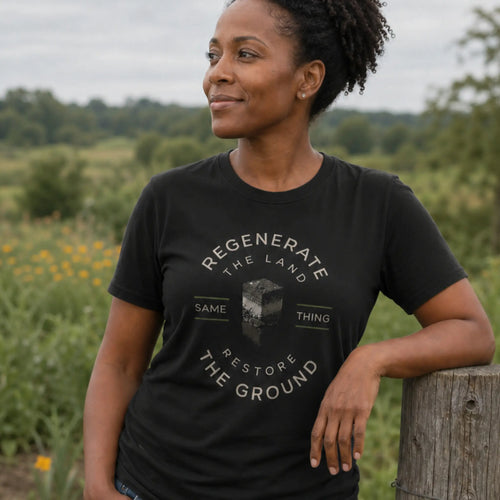 Restore the Ground organic cotton t-shirt worn by woman beside a cover-cropped field on a regenerative farm