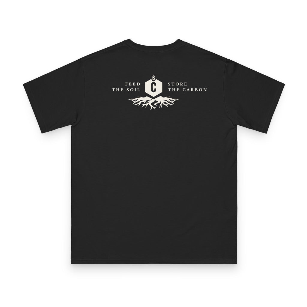 Regenerative Farmer black t-shirt back print showing Feed the Soil Store the Carbon design with root system and carbon symbol on charcoal grey organic cotton by Emogine