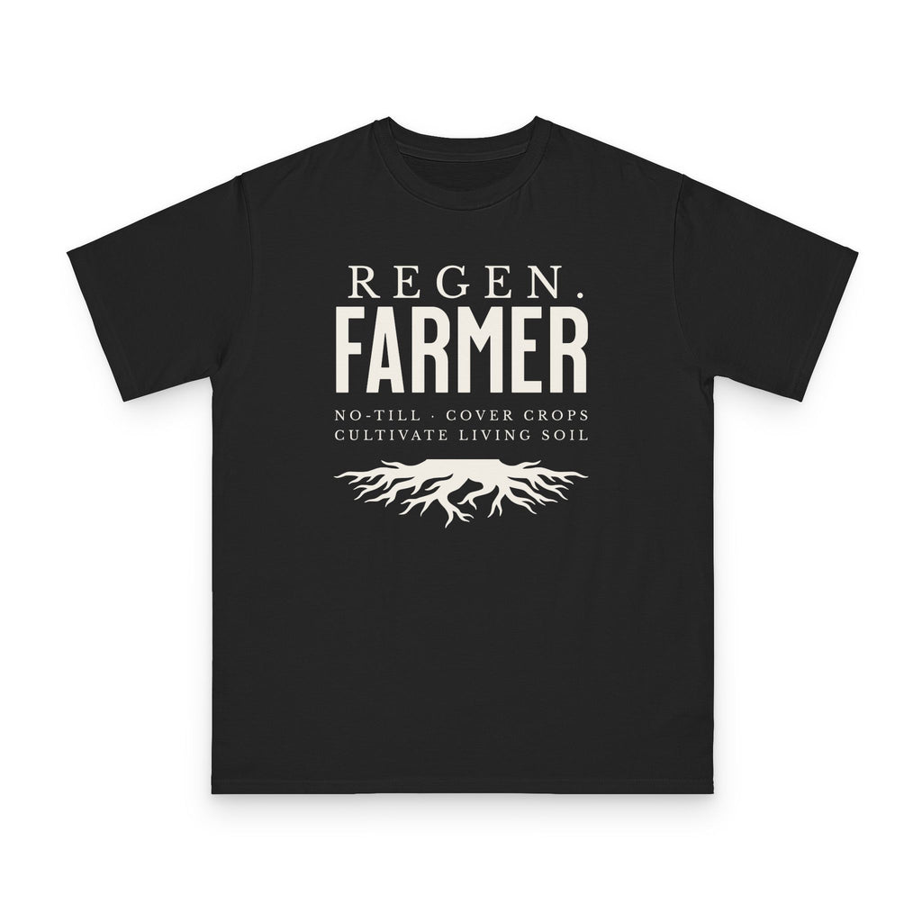 Regenerative Farmer design on black organic cotton t-shirt by Emogine — GOTS-certified regenerative agriculture apparel