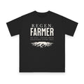 Regenerative Farmer design on black organic cotton t-shirt by Emogine — GOTS-certified regenerative agriculture apparel