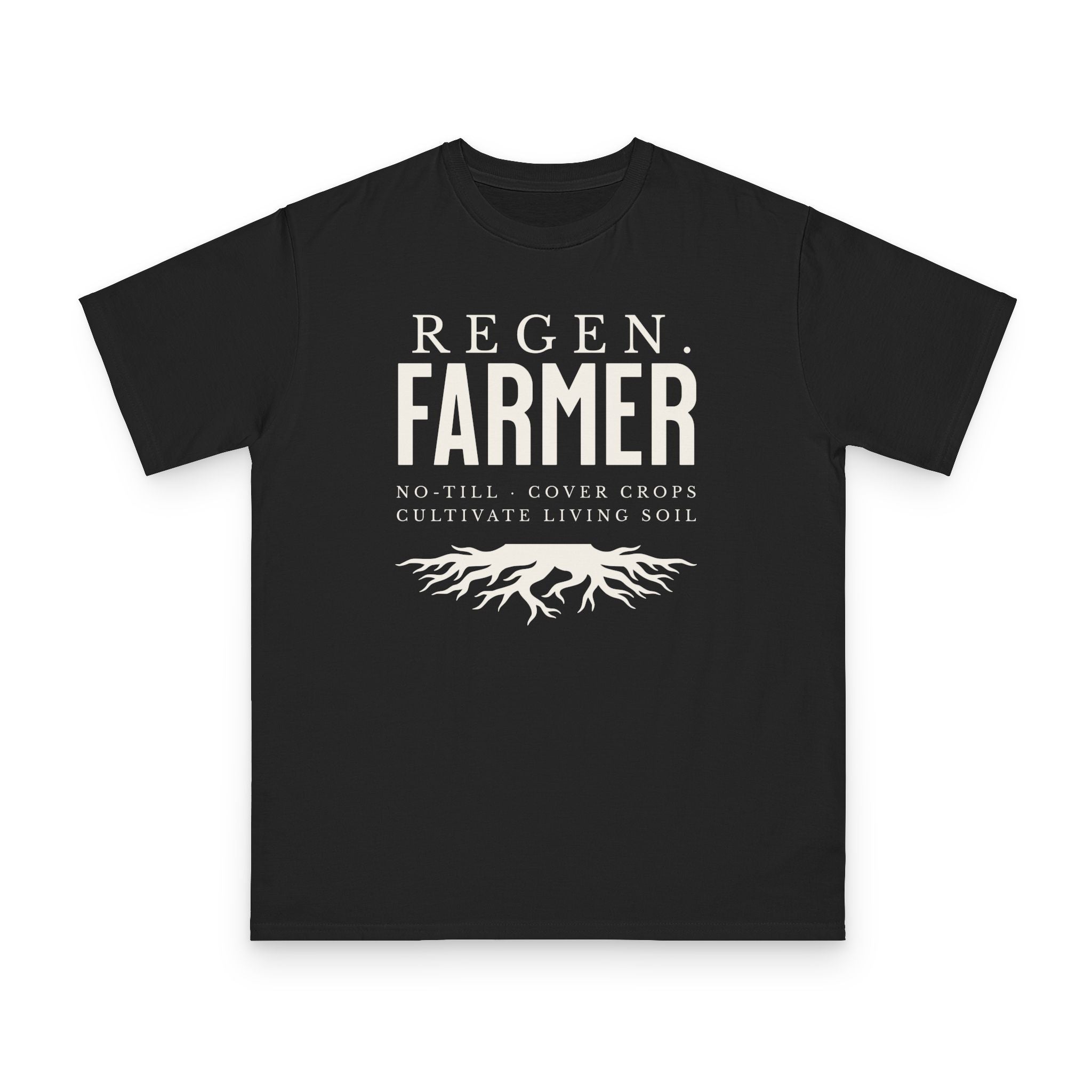 Regenerative Farmer design on black organic cotton t-shirt by Emogine — GOTS-certified regenerative agriculture apparel