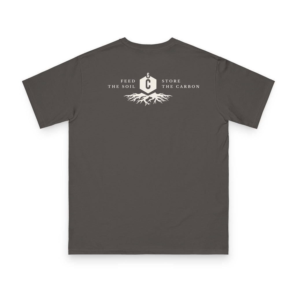 Regenerative Farmer t-shirt grey back print showing Feed the Soil Store the Carbon design with root system and carbon symbol on charcoal grey organic cotton by Emogine