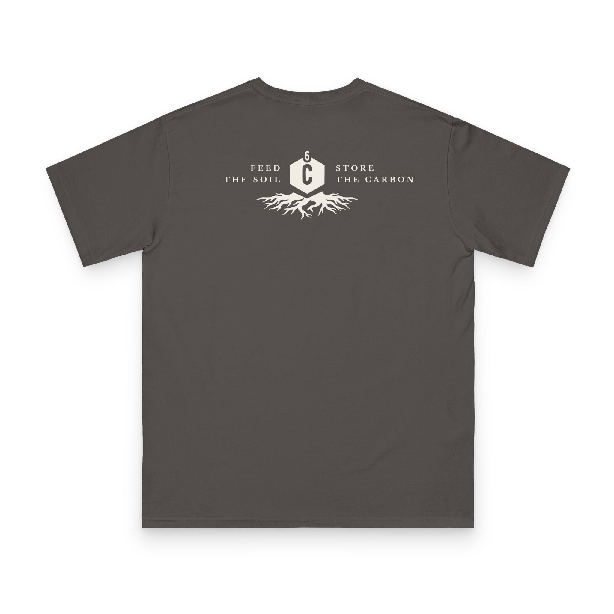 Regenerative Farmer t-shirt grey back print showing Feed the Soil Store the Carbon design with root system and carbon symbol on charcoal grey organic cotton by Emogine