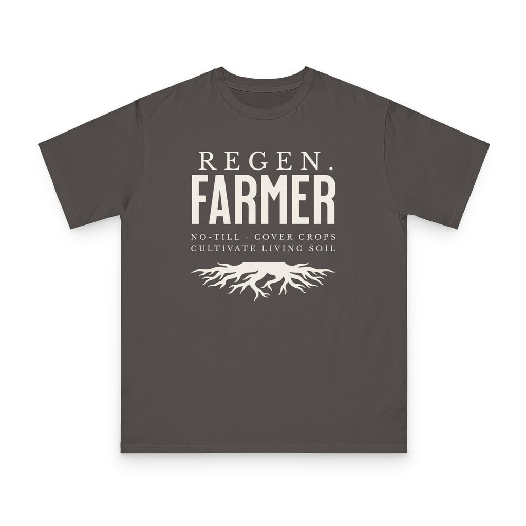 Regenerative Farmer design on grey organic cotton t-shirt by Emogine — GOTS-certified regenerative agriculture apparel
