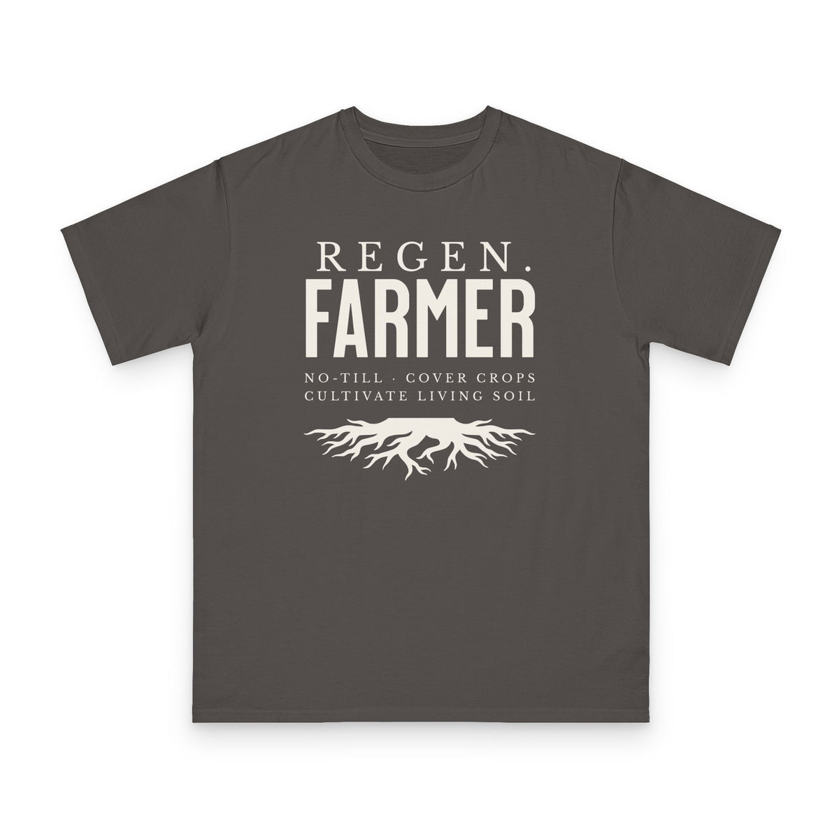 Regenerative Farmer design on grey organic cotton t-shirt by Emogine — GOTS-certified regenerative agriculture apparel