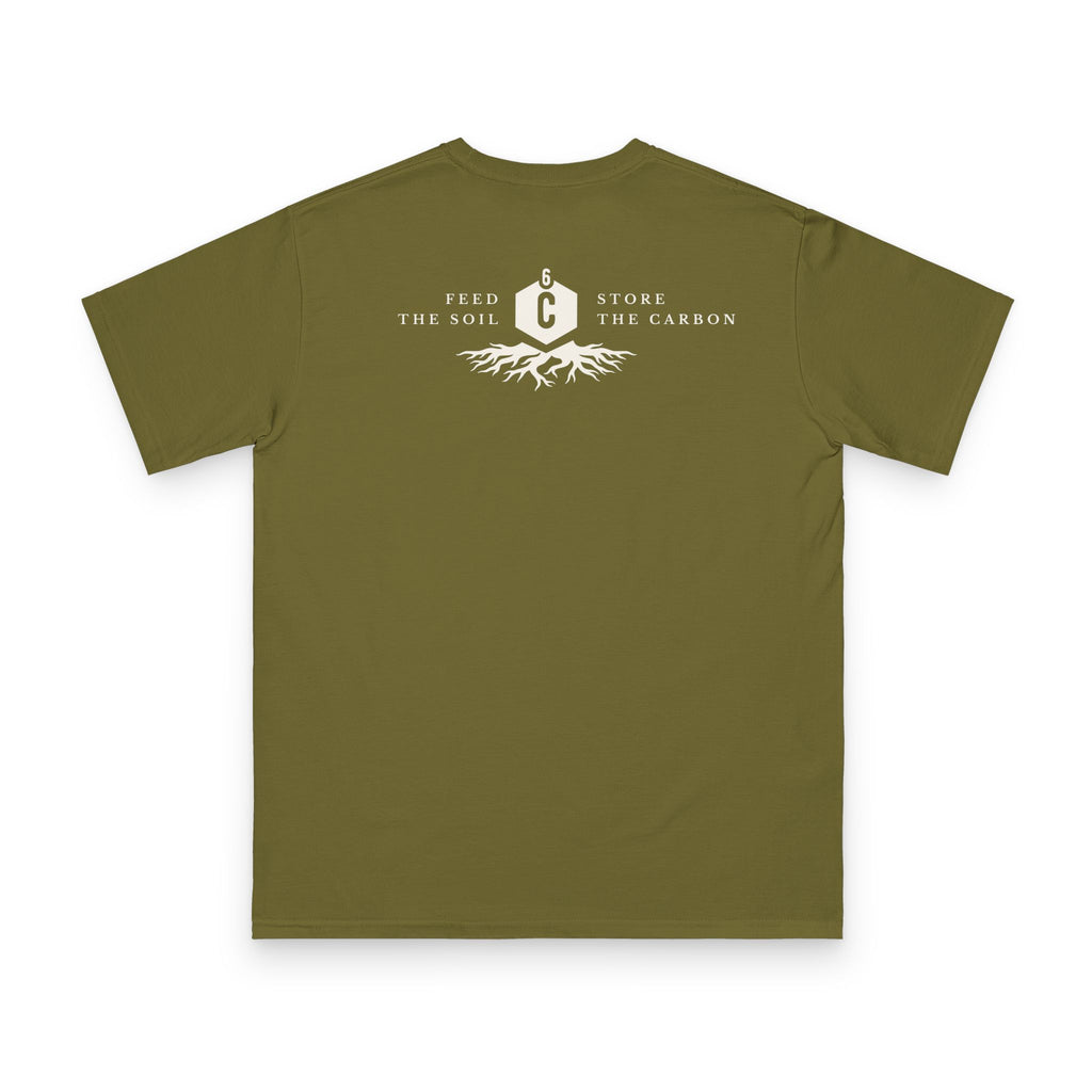 Regenerative Farmer t-shirt olive back print showing Feed the Soil Store the Carbon design with root system and carbon symbol on charcoal grey organic cotton by Emogine
