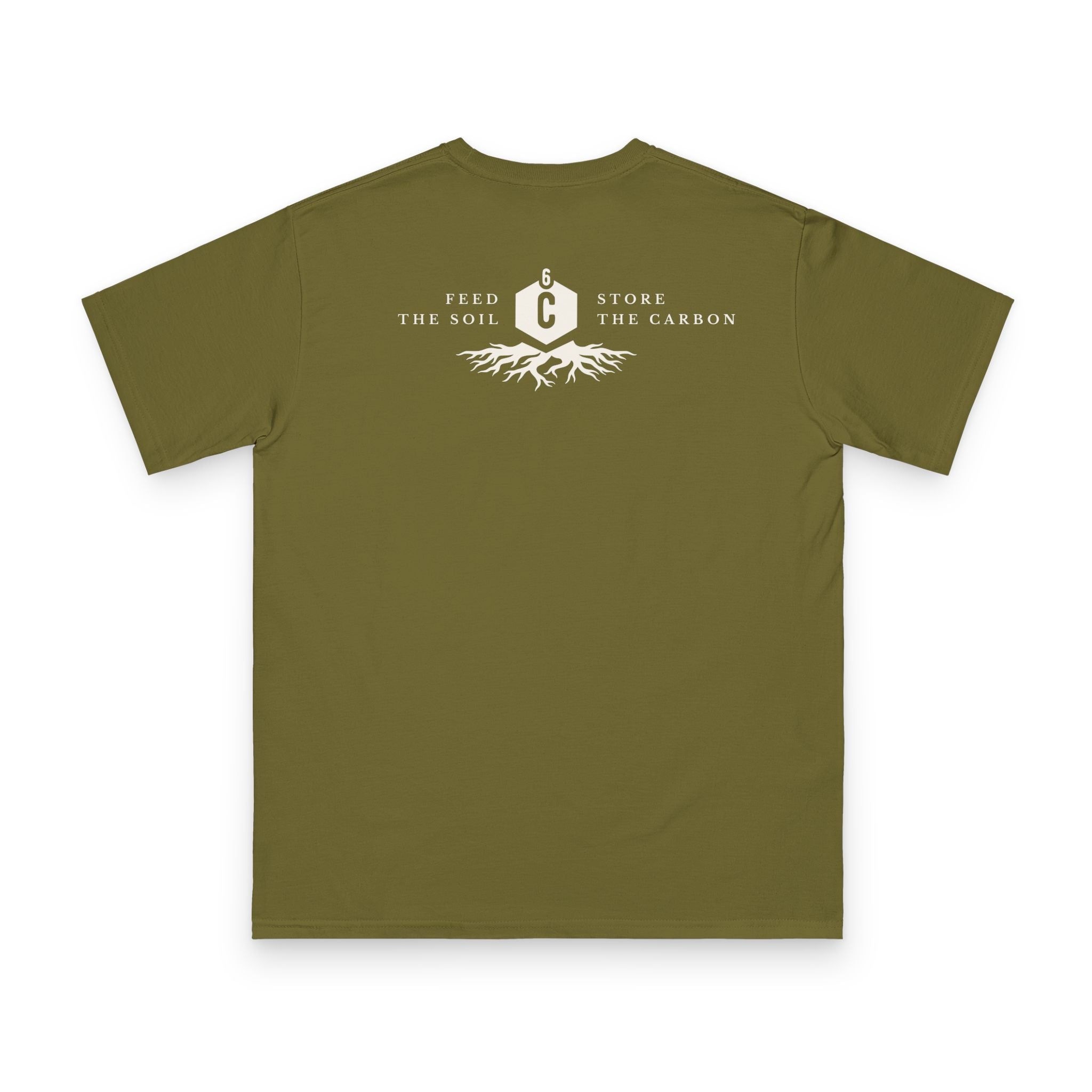 Regenerative Farmer t-shirt olive back print showing Feed the Soil Store the Carbon design with root system and carbon symbol on charcoal grey organic cotton by Emogine