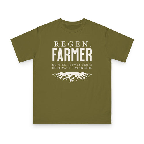Regenerative Farmer design on olive organic cotton t-shirt by Emogine — GOTS-certified regenerative agriculture apparel
