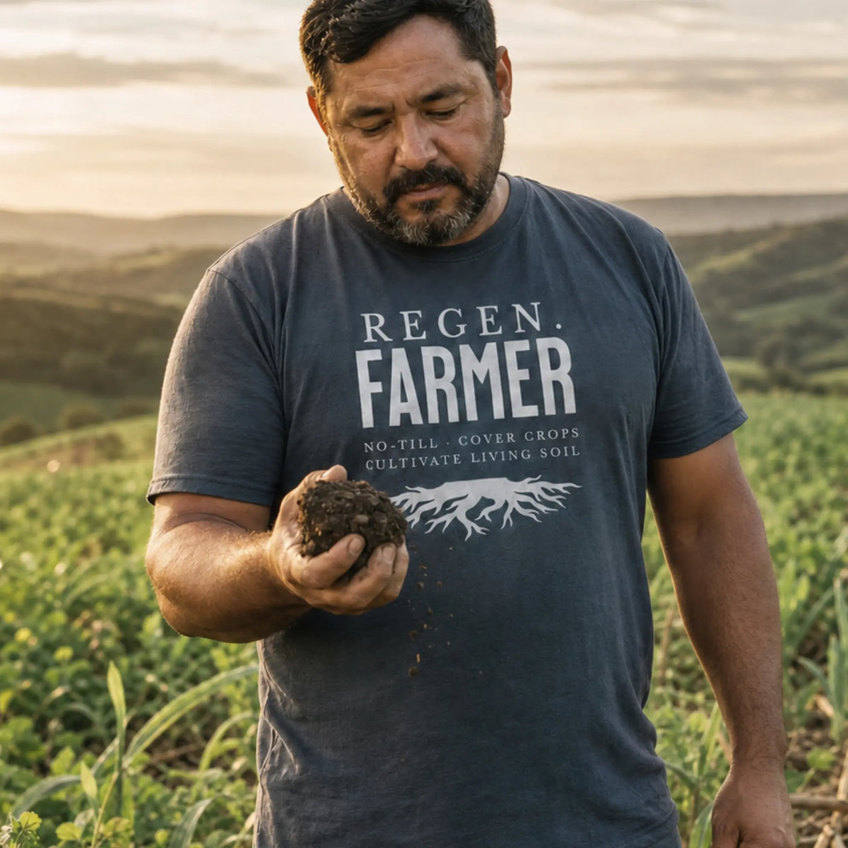 Regenerative Farmer organic cotton t-shirt worn by man assessing soil health in a no-till field with cover crops