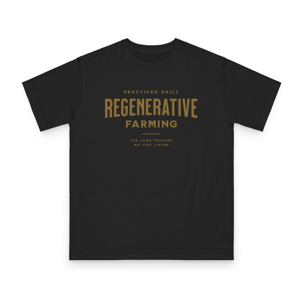 Regenerative Farming design on black organic cotton t-shirt by Emogine — GOTS-certified regenerative agriculture apparel