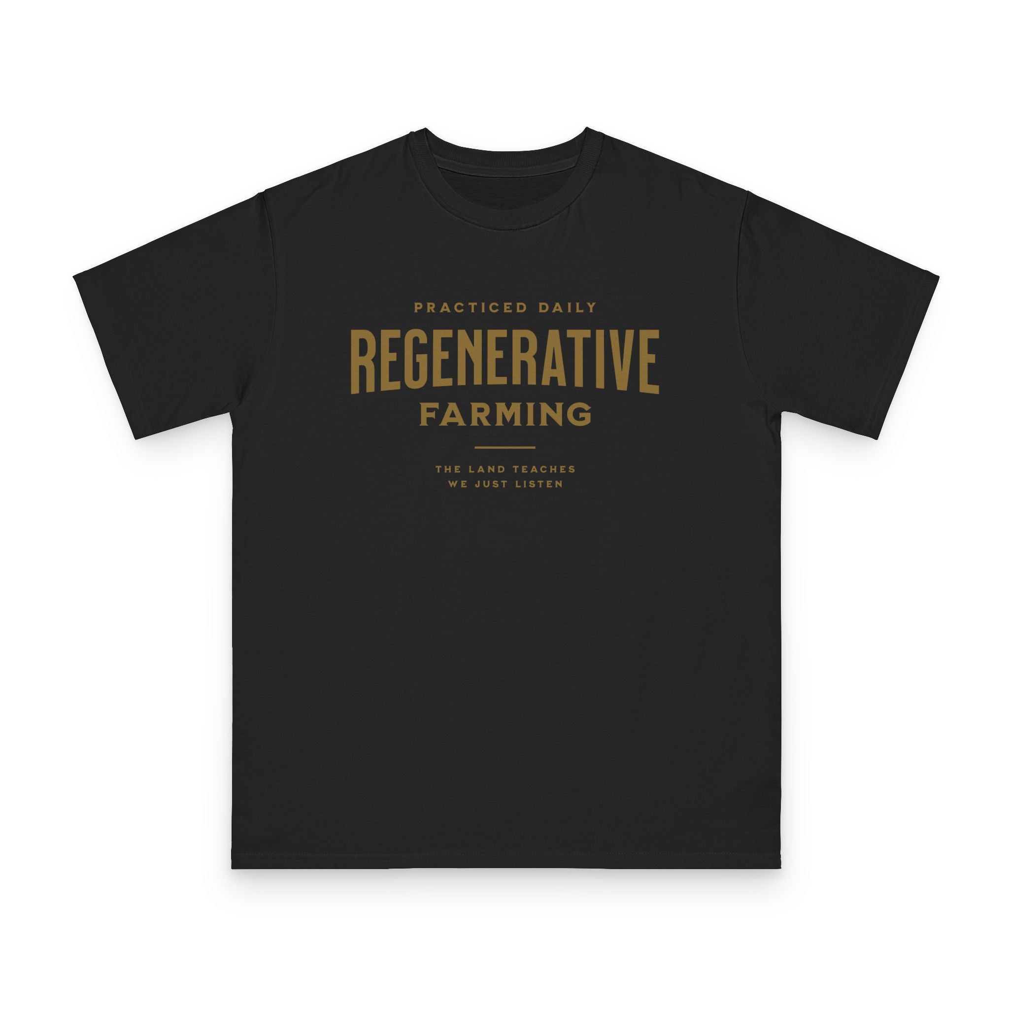 Regenerative Farming design on black organic cotton t-shirt by Emogine — GOTS-certified regenerative agriculture apparel