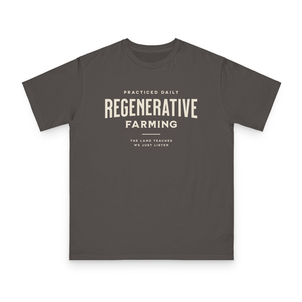 Regenerative Farming design on charcoal grey organic cotton t-shirt by Emogine — GOTS-certified regenerative agriculture apparel