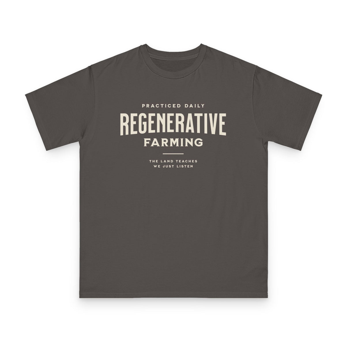 Regenerative Farming design on charcoal grey organic cotton t-shirt by Emogine — GOTS-certified regenerative agriculture apparel