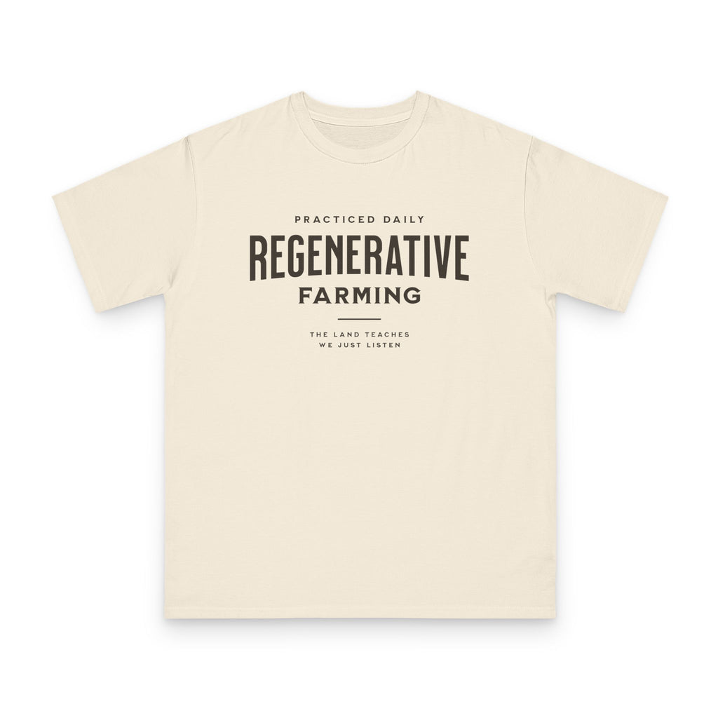 Regenerative Farming design on natural organic cotton t-shirt by Emogine — GOTS-certified regenerative agriculture apparel