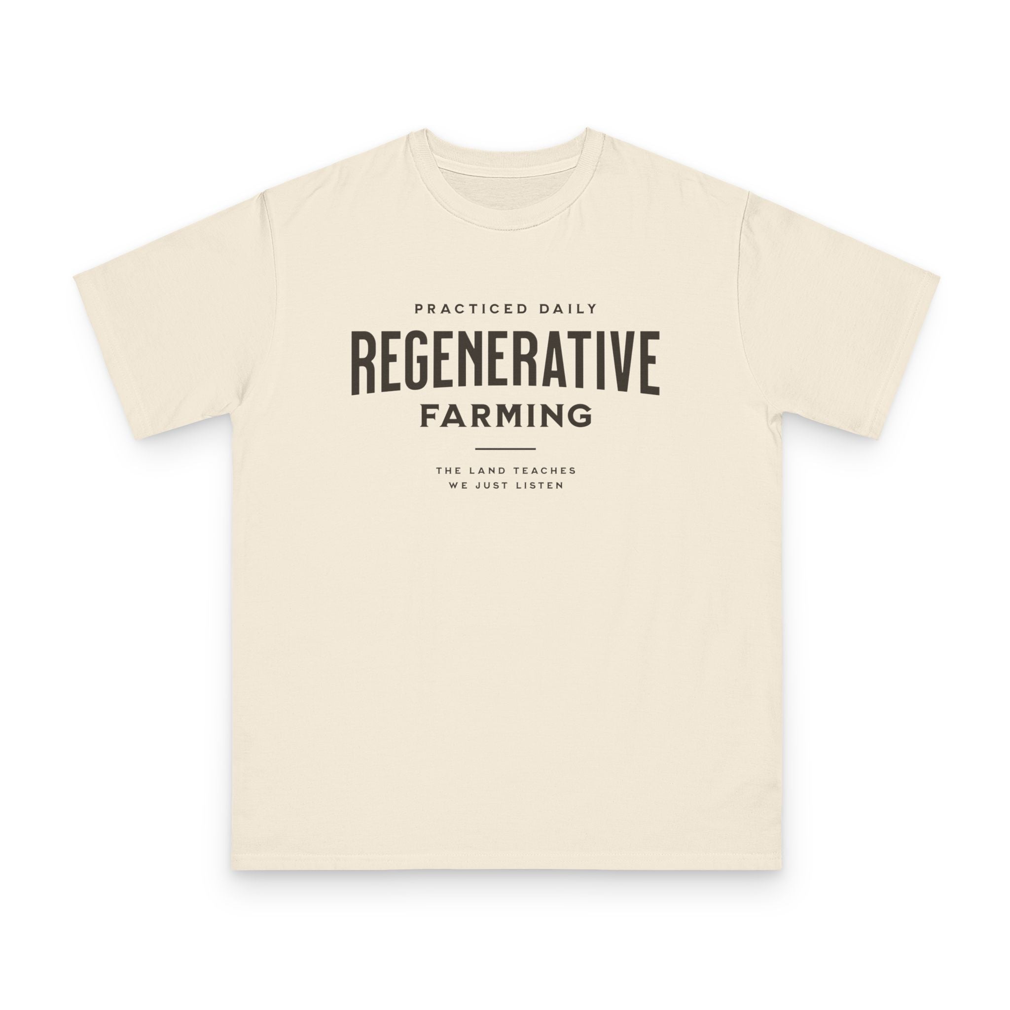 Regenerative Farming design on natural organic cotton t-shirt by Emogine — GOTS-certified regenerative agriculture apparel