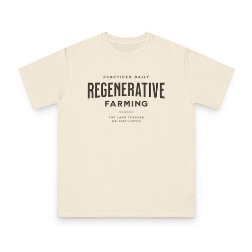 Regenerative Farming design on natural organic cotton t-shirt by Emogine — GOTS-certified regenerative agriculture apparel