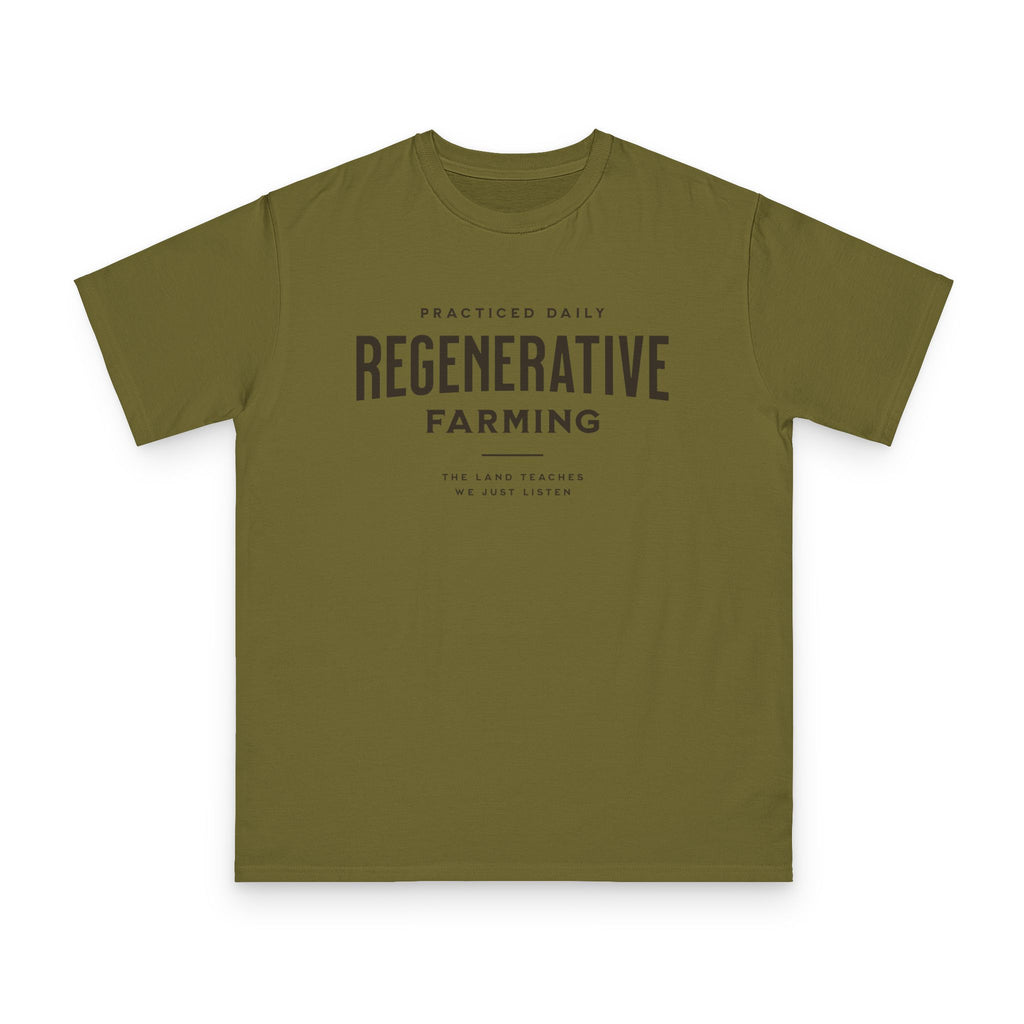 Regenerative Farming design on olive organic cotton t-shirt by Emogine — GOTS-certified regenerative agriculture apparel