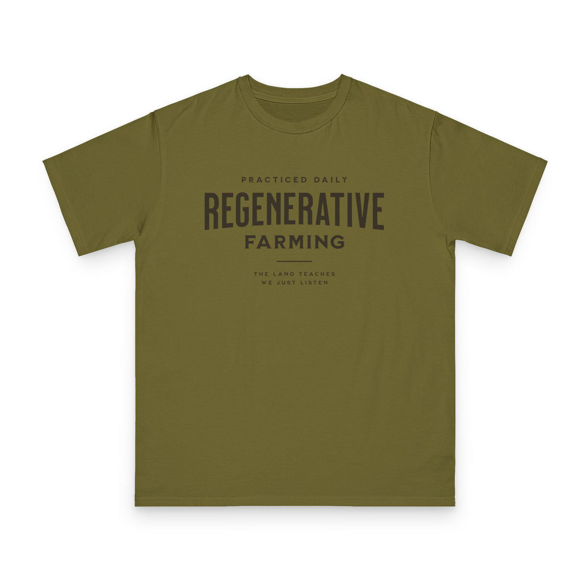 Regenerative Farming design on olive organic cotton t-shirt by Emogine — GOTS-certified regenerative agriculture apparel