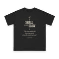 Small and Slow Permaculture design on black organic cotton t-shirt by Emogine — GOTS-certified regenerative agriculture apparel