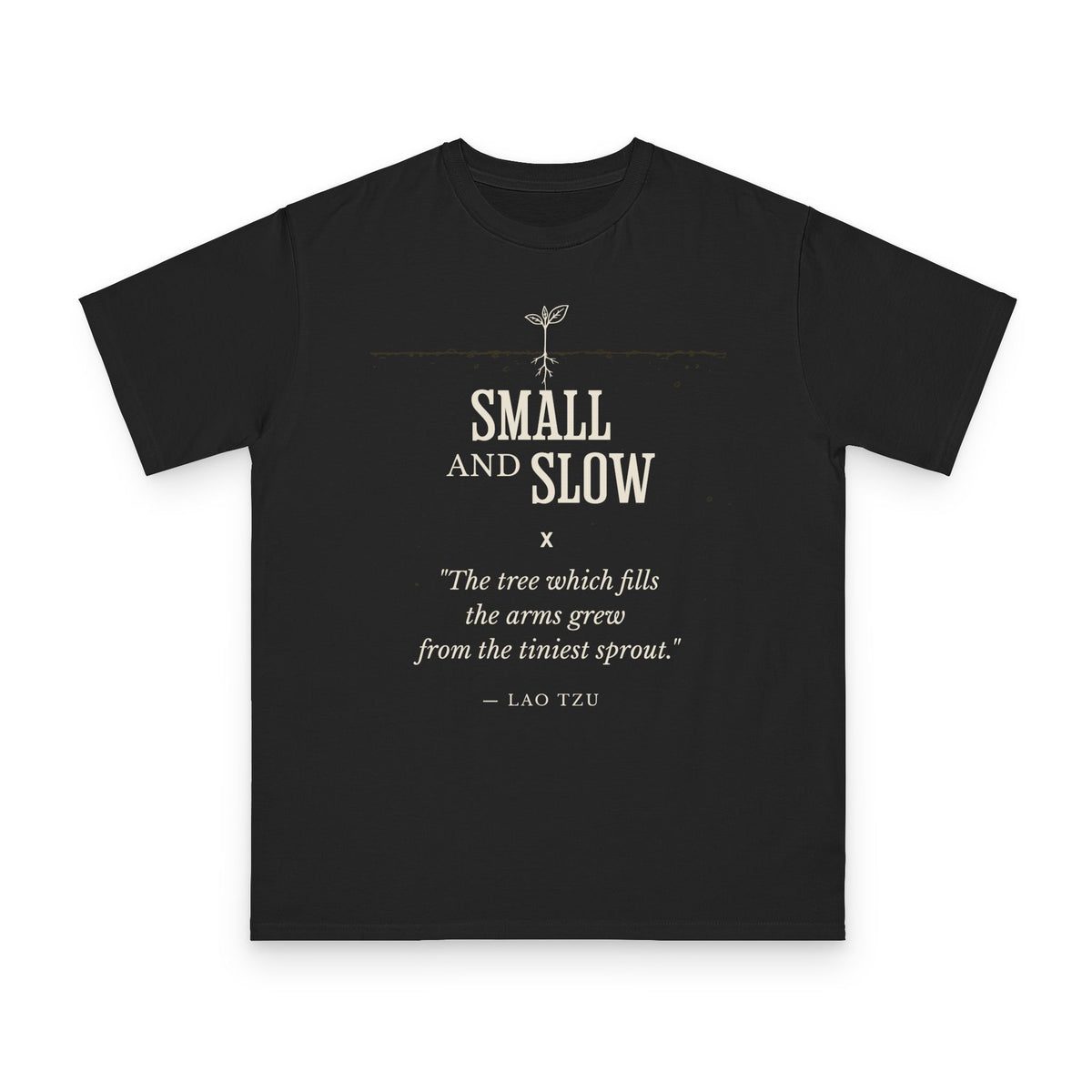 Small and Slow Permaculture design on black organic cotton t-shirt by Emogine — GOTS-certified regenerative agriculture apparel