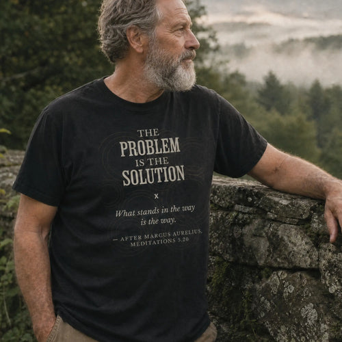 Permaculture Philosophy organic cotton t-shirt worn by man on a diverse regenerative homestead