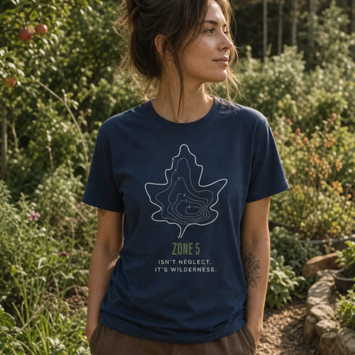 Zone 5 Wilderness organic cotton t-shirt worn by woman at the edge of a permaculture food forest