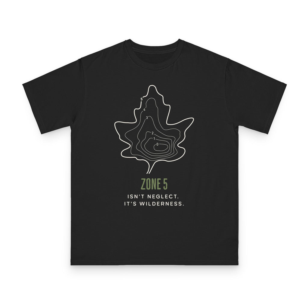 Zone 5 Wilderness design on black organic cotton t-shirt by Emogine — GOTS-certified regenerative agriculture apparel