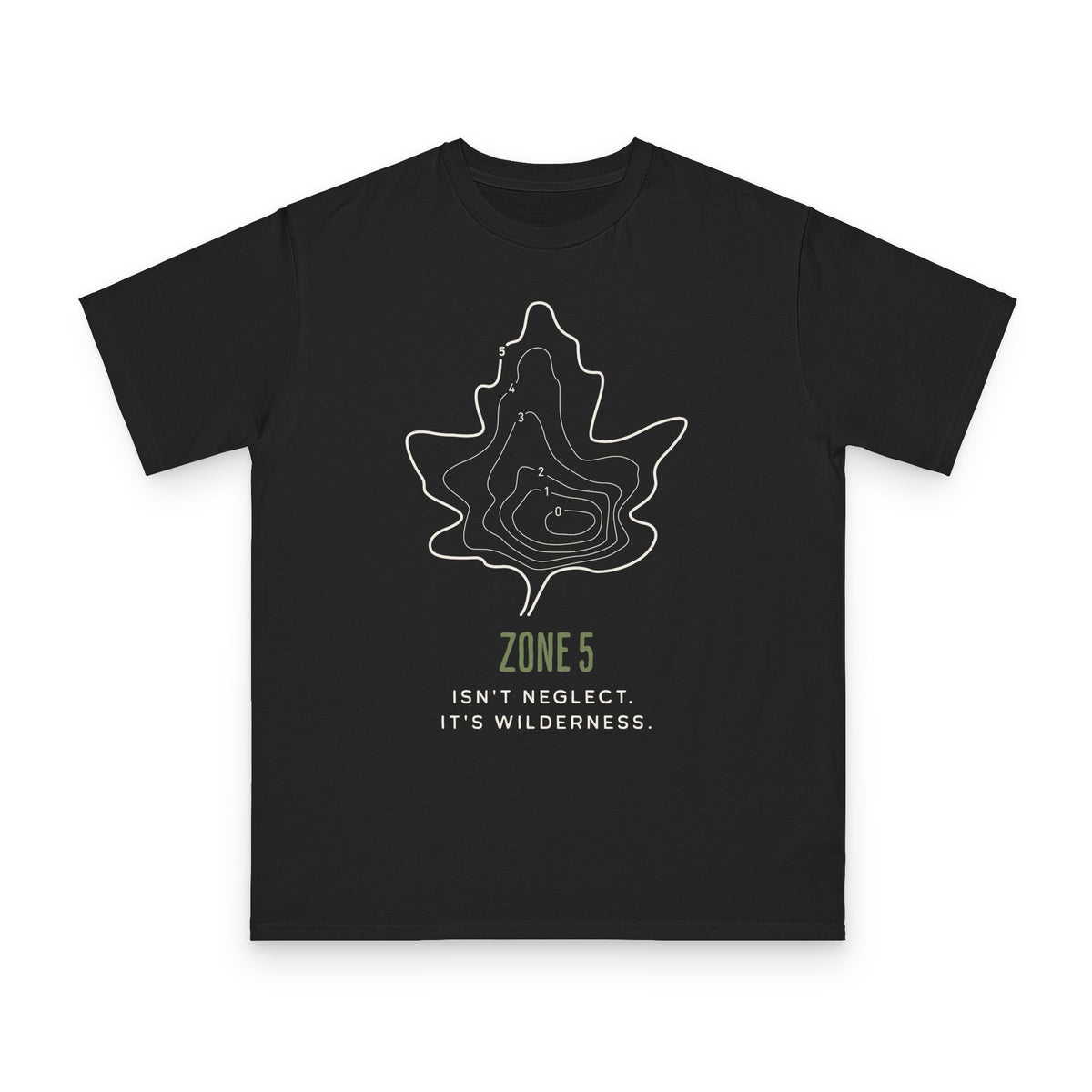 Zone 5 Wilderness design on black organic cotton t-shirt by Emogine — GOTS-certified regenerative agriculture apparel