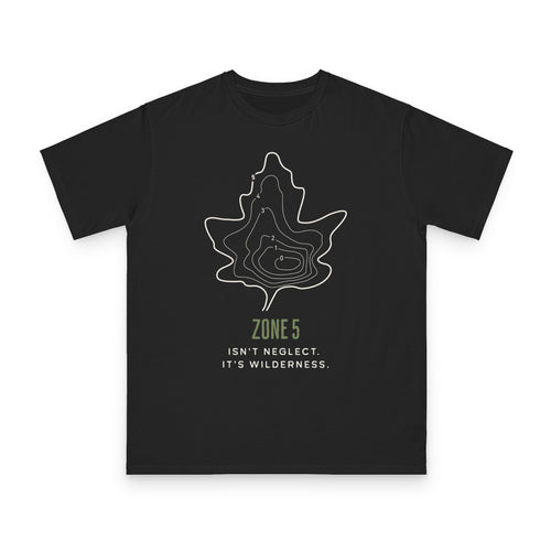 Zone 5 Wilderness design on black organic cotton t-shirt by Emogine — GOTS-certified regenerative agriculture apparel
