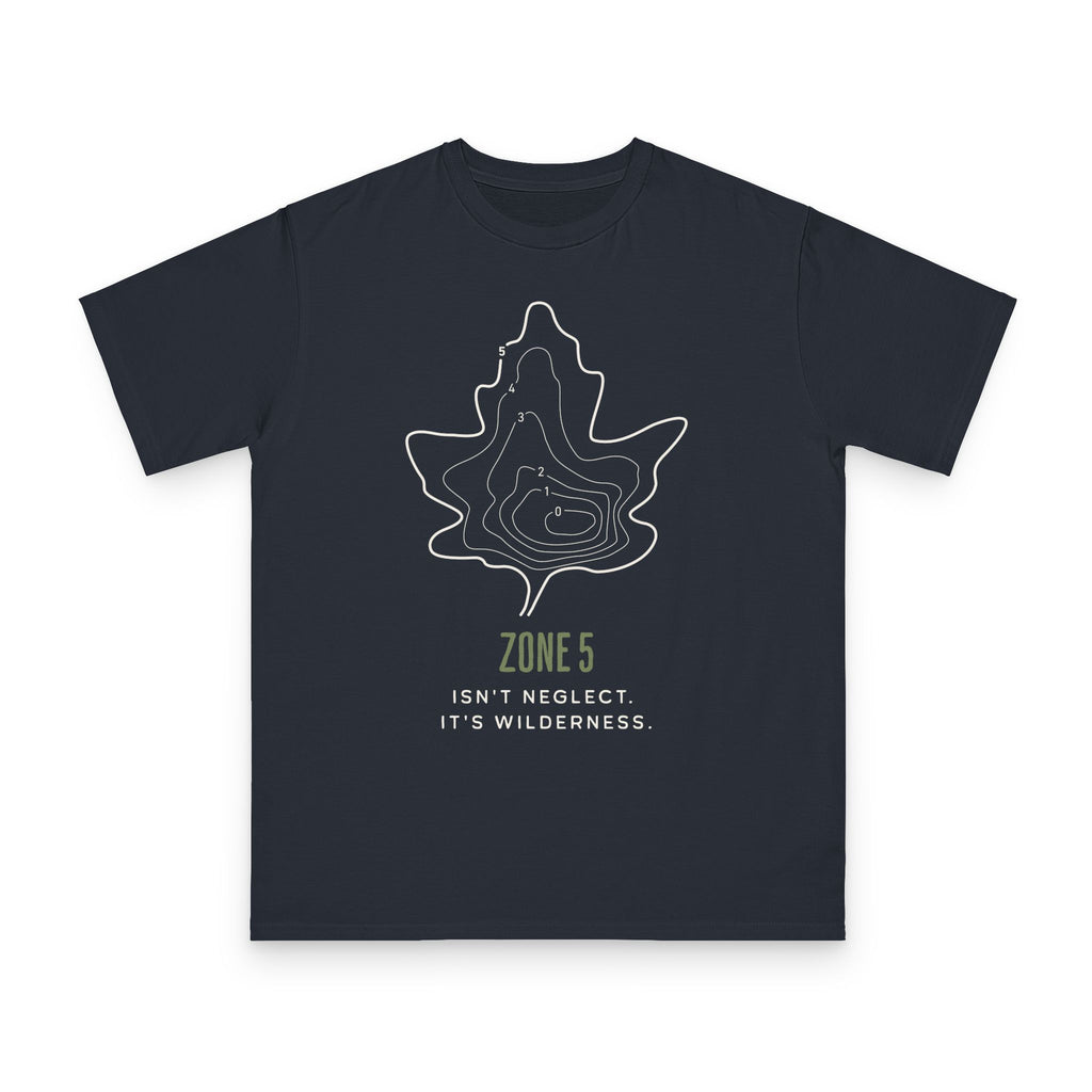 Zone 5 Wilderness design on navy organic cotton t-shirt by Emogine — GOTS-certified regenerative agriculture apparel