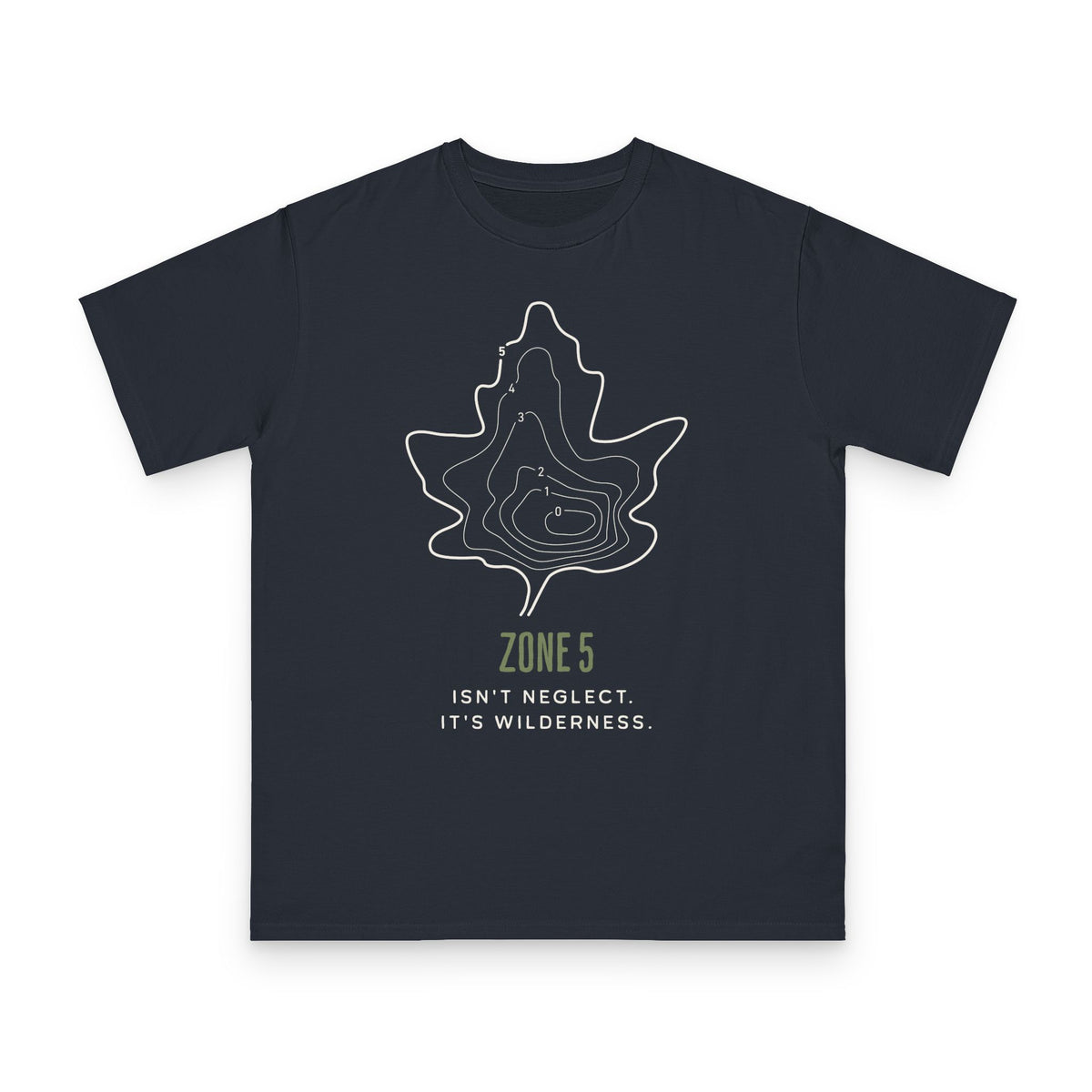 Zone 5 Wilderness design on navy organic cotton t-shirt by Emogine — GOTS-certified regenerative agriculture apparel