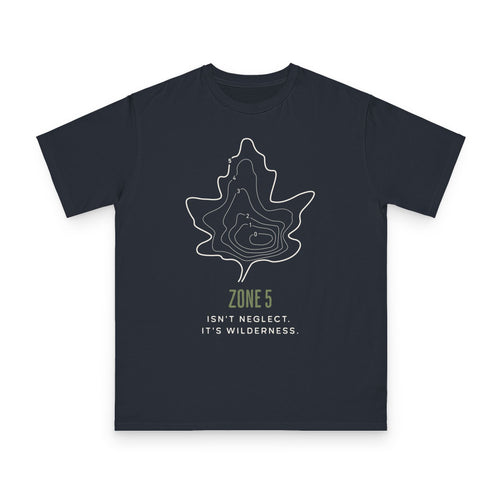 Zone 5 Wilderness design on navy organic cotton t-shirt by Emogine — GOTS-certified regenerative agriculture apparel