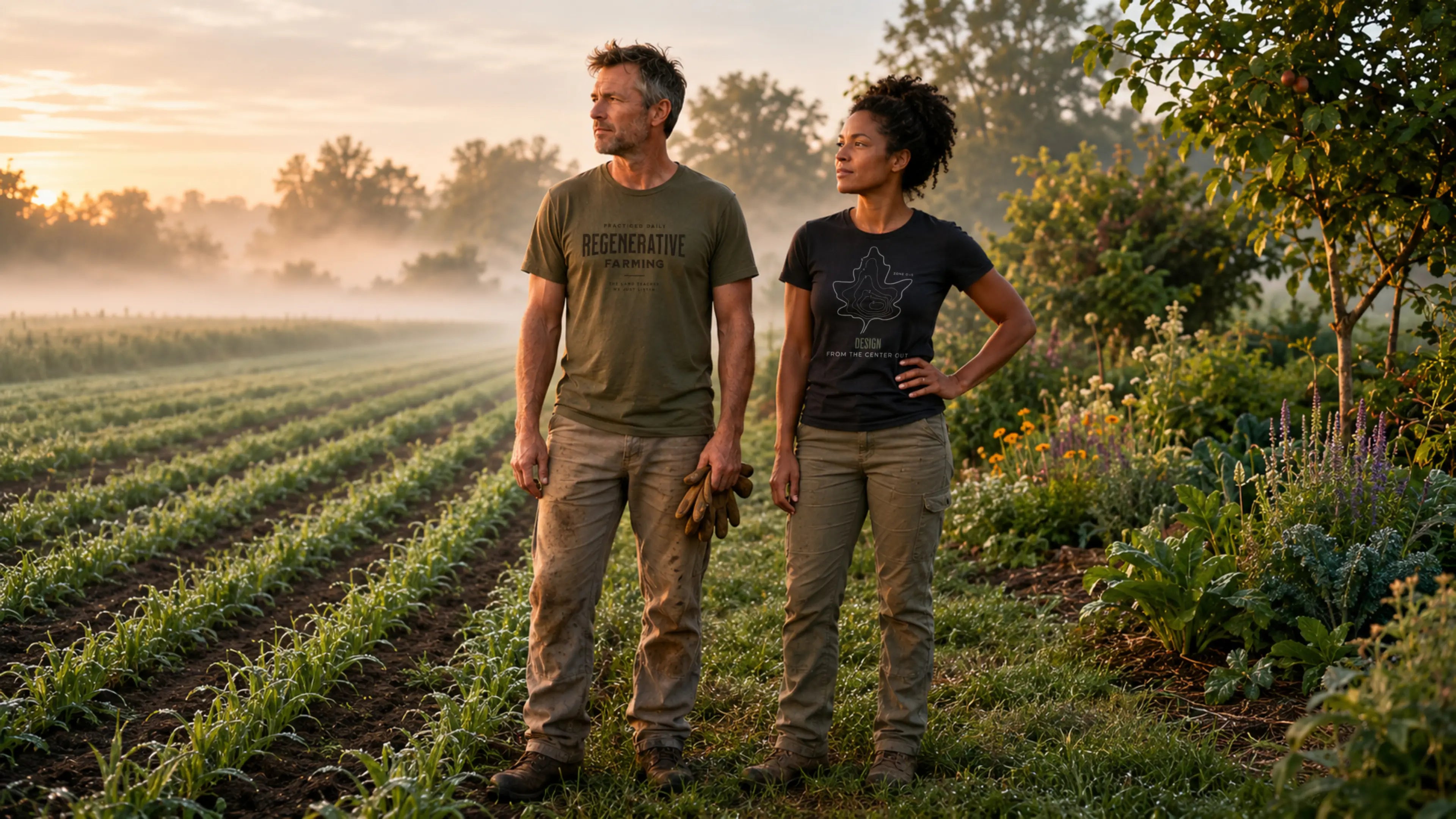 Man and Woman wearing Regenerative Farming and Permaculture organic cotton tees at dawn on a regenerative farm with cover crops and diverse plantings.
