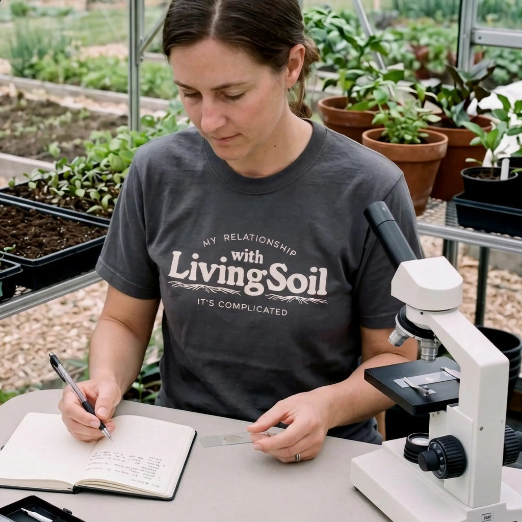 Woman wearing a charcoal Living Soil T-shirt while taking notes beside a microscope in a greenhouse, with plants and growing beds in the background.