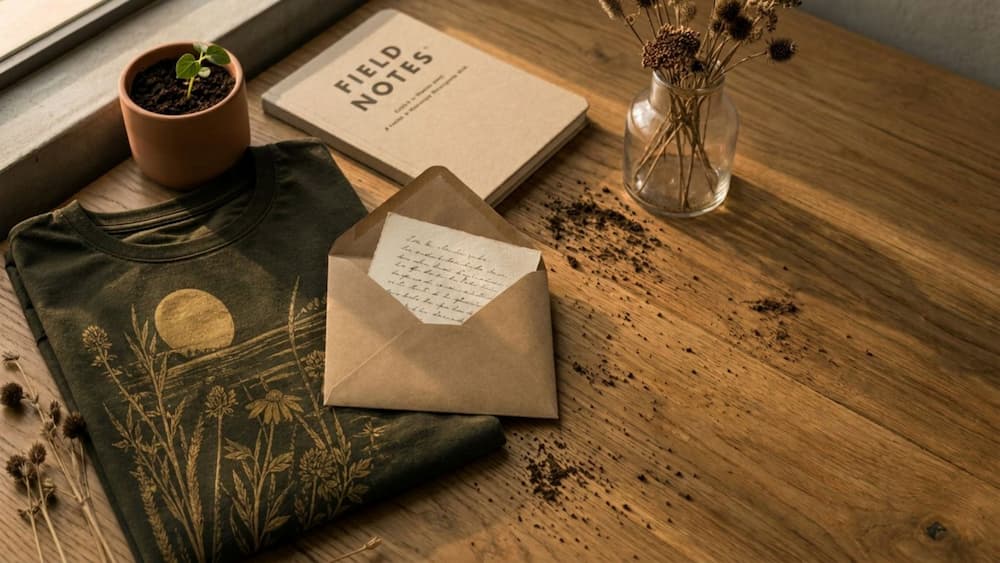 Folded olive organic cotton t-shirt with field notes notebook, handwritten letter and dried flowers on a wooden table — Emogine newsletter