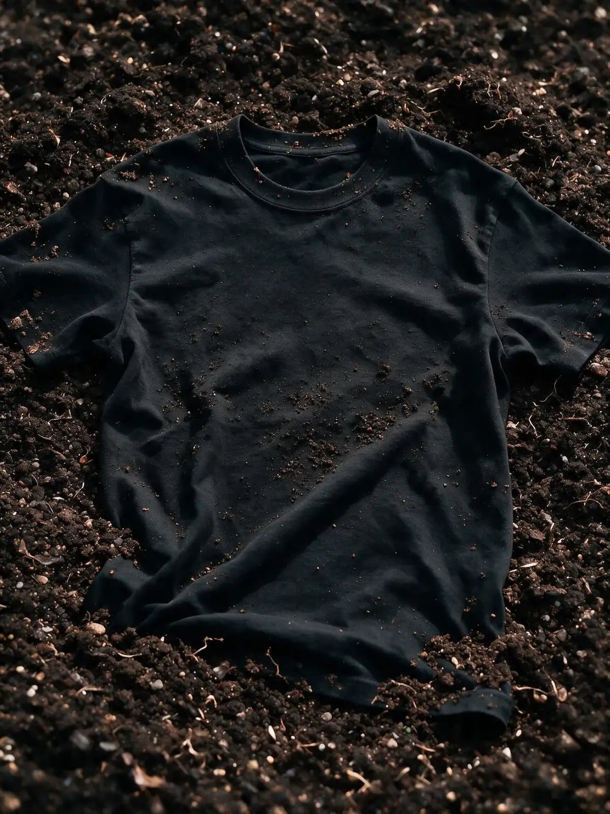Black organic cotton t-shirt laid on dark rich topsoil with some earth scattered across the fabric — Emogine from soil to shirt